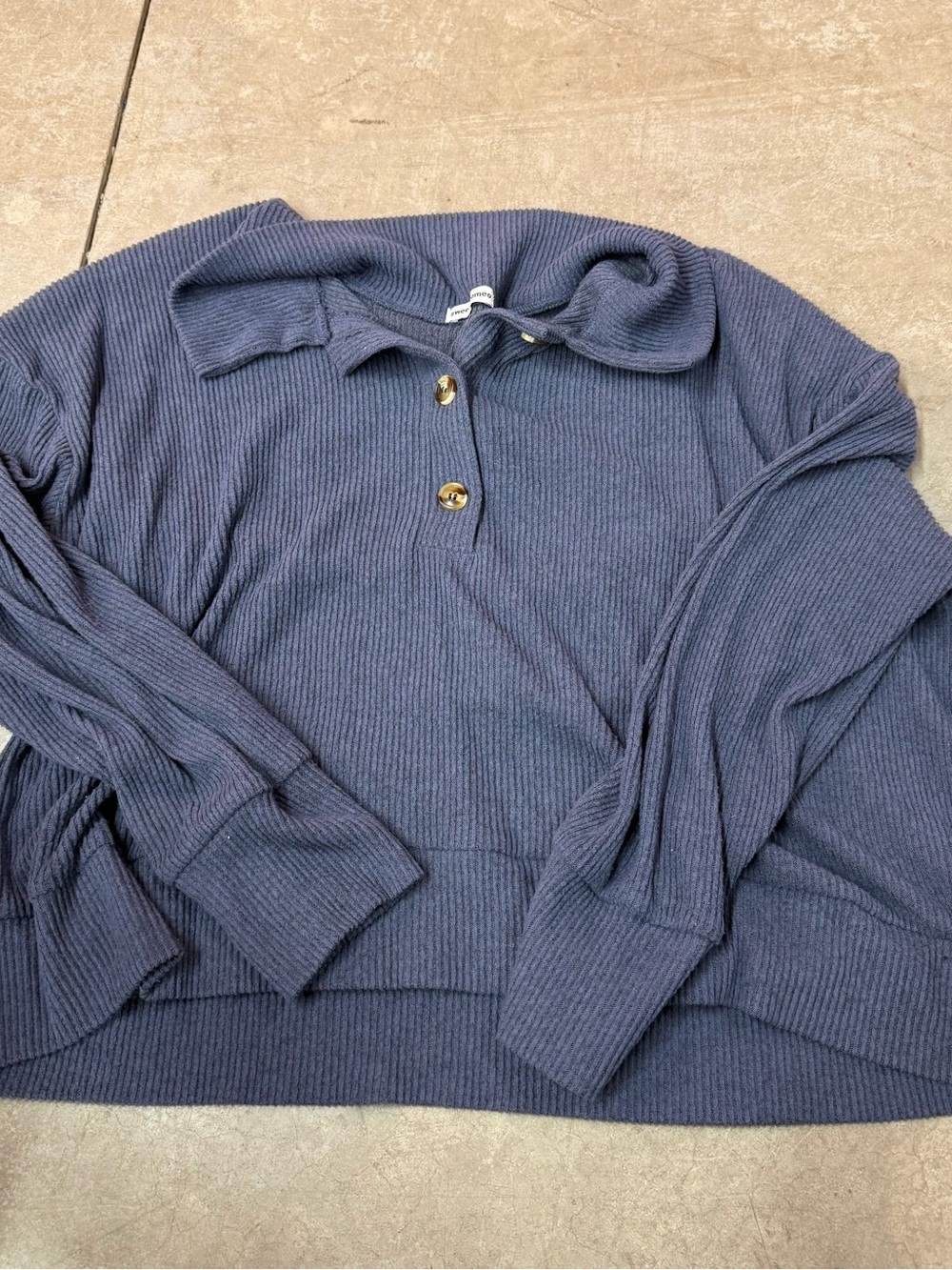 Sweet Romeo Navy Ribbed Button-Collar Pullover